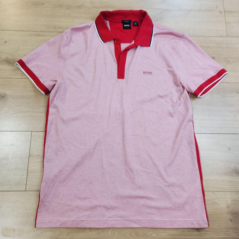 BOSS Hugo Boss Polo Shirt Mens XL Pink Red Trim Paddy 2 Cotton Casual Knit